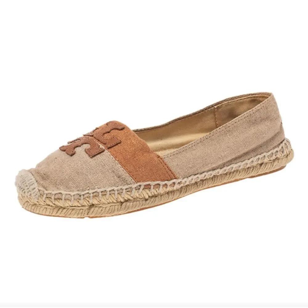 Tory burch beige/brown canvas espadrille flats‎ women’s size 8
